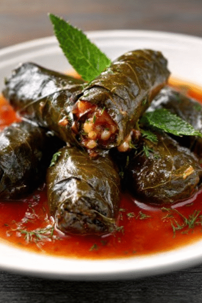 Stuffed Grape Leaves with Cinnamon Tomato Sauce