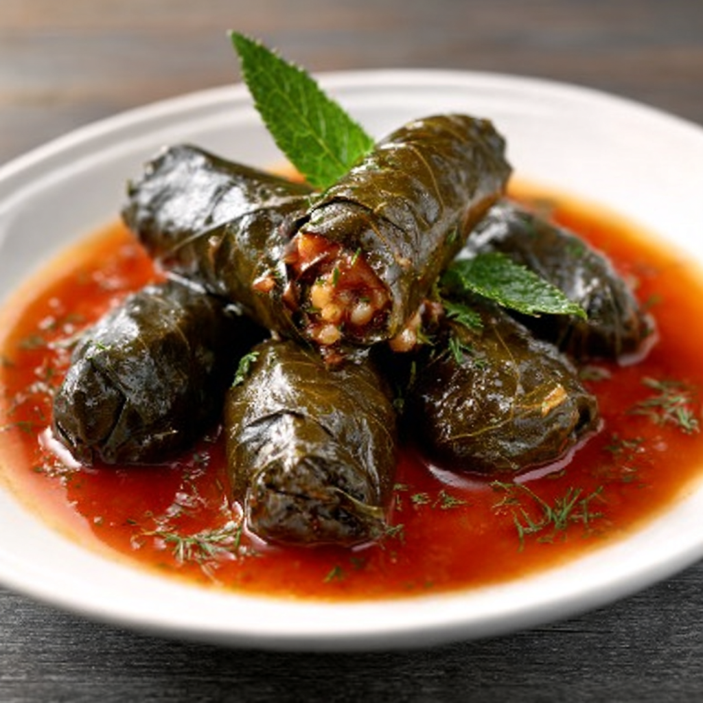 Stuffed Grape Leaves with Cinnamon Tomato Sauce