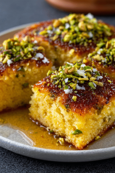 Turkish Pistachio-Saffron Revani Cake
