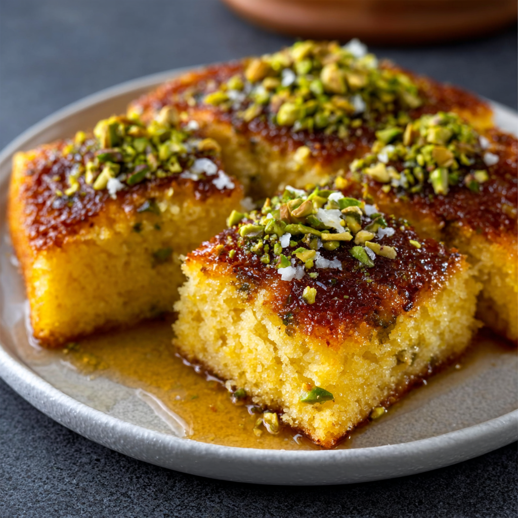 Turkish Pistachio-Saffron Revani Cake