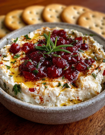 cranberry whipped feta dip with crackers in the background