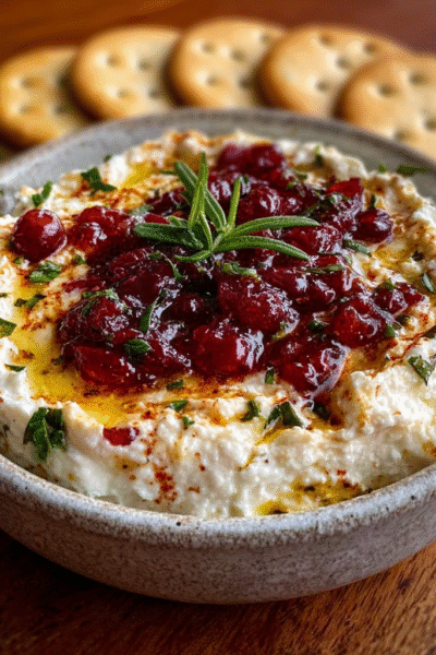 cranberry whipped feta dip with crackers in the background