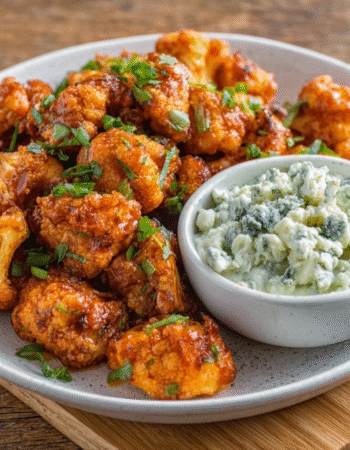 Buffalo Cauliflower Bites – Keto with Sugar-Free Blue Cheese Dip