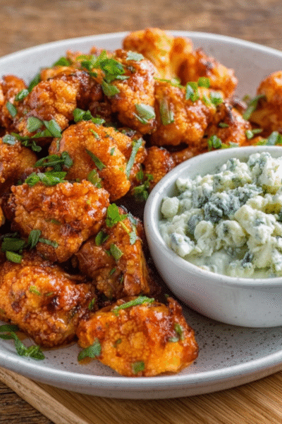Buffalo Cauliflower Bites – Keto with Sugar-Free Blue Cheese Dip