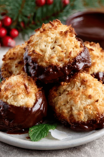 Christmas Chocolate-Dipped Coconut Macaroons (Keto-Friendly)