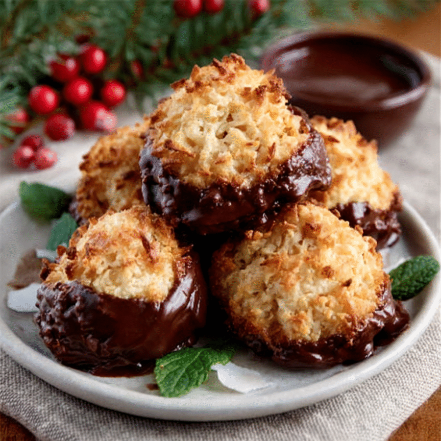 Christmas Chocolate-Dipped Coconut Macaroons (Keto-Friendly) are the perfect festive treat you’ll love! 6 Christmas Chocolate-Dipped Coconut Macaroons (Keto-Friendly)