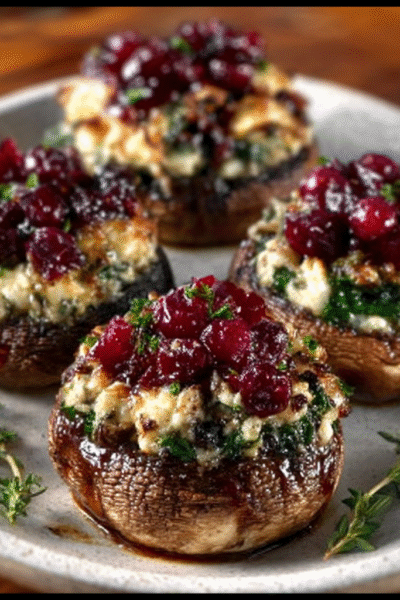 Christmas Cranberry Brie-Stuffed Mushrooms (No Pork, No Bread)