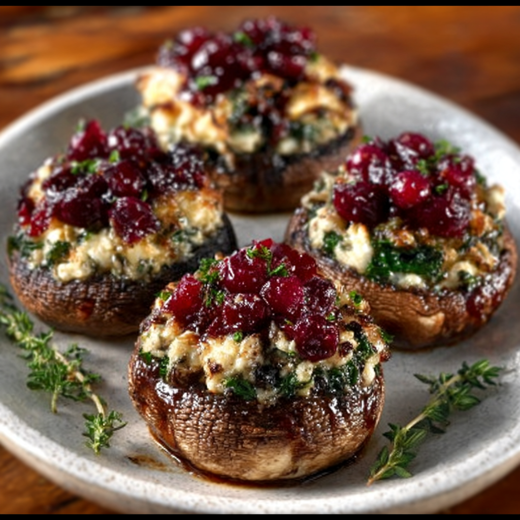 Christmas Cranberry Brie-Stuffed Mushrooms (No Pork, No Bread)