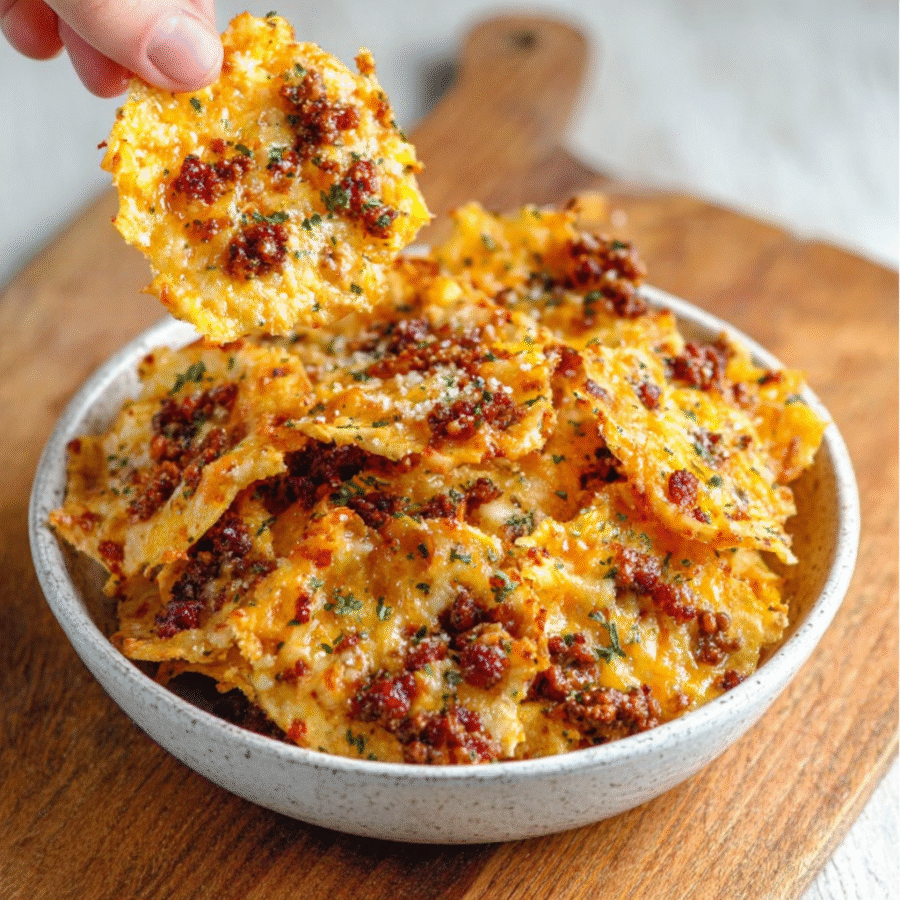 Crispy Cheese Chips with Ground Beef Crumbles