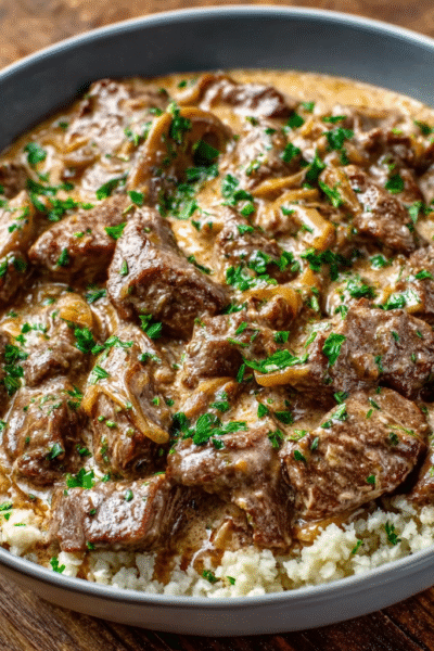 Keto Beef Stroganoff with Cauliflower Rice