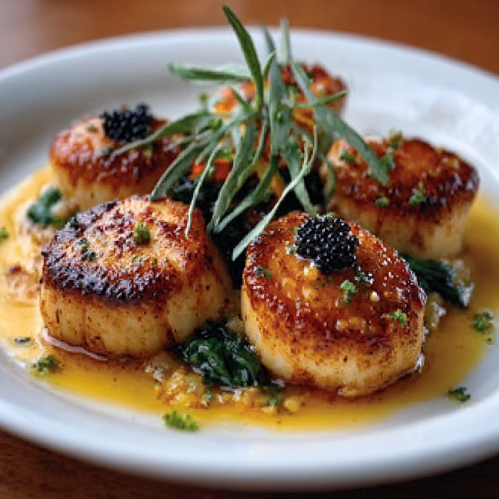 Seared Scallops with Brown Butter and Caviar