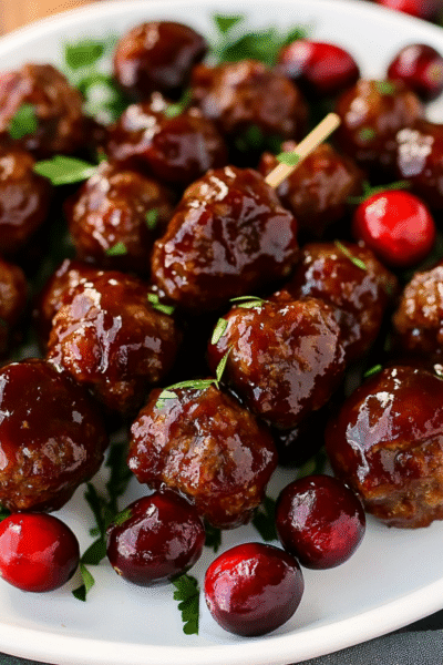 Cranberry BBQ Mini Meatball Skewers