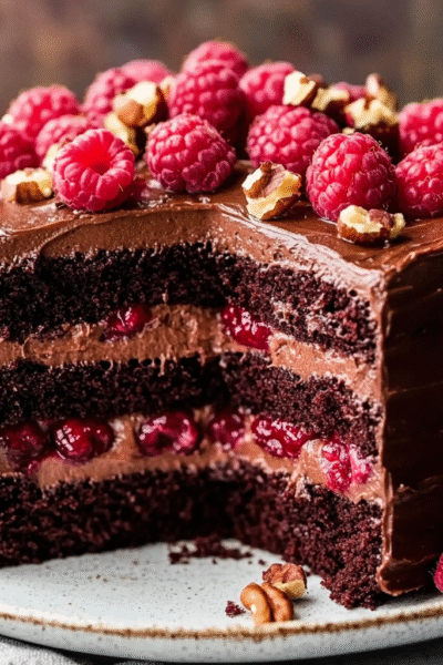 EXTRA MOIST CHOCOLATE, RASPBERRY & ROASTED HAZELNUT CAKE with whipped ganache