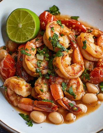 Garlicky Sautéed Shrimp with Creamy White Beans and Blistered Tomatoes