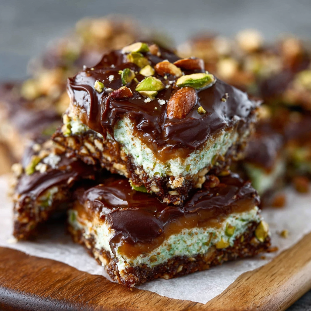 No-Bake Caramel Pistachio Glimmer Bars