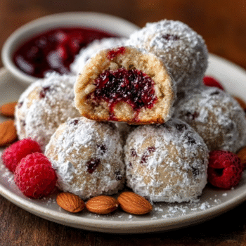 Raspberry Filled Almond Snowball Cookies