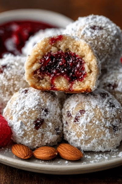 Raspberry Filled Almond Snowball Cookies