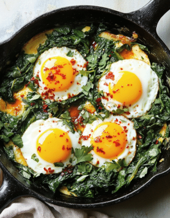 Skillet-Baked Eggs with Spinach, Yogurt, and Chili Oil