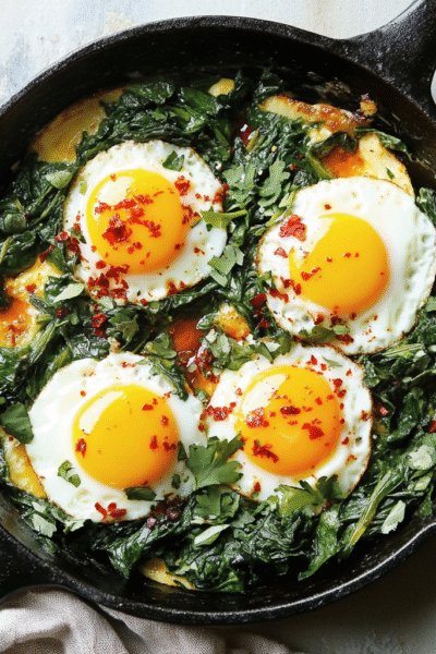 Skillet-Baked Eggs with Spinach, Yogurt, and Chili Oil
