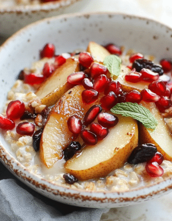 Steel Cut Oats with Maple Roasted Pears and Pomegranate