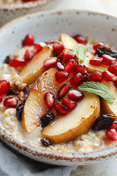 Steel Cut Oats with Maple Roasted Pears and Pomegranate