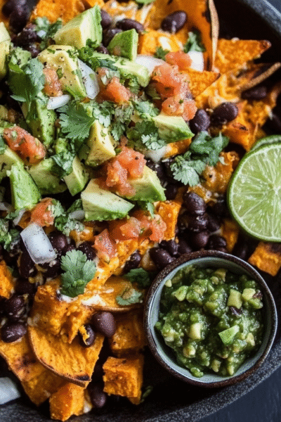 Sweet Potato and Black Bean Nachos with Green Chile Salsa