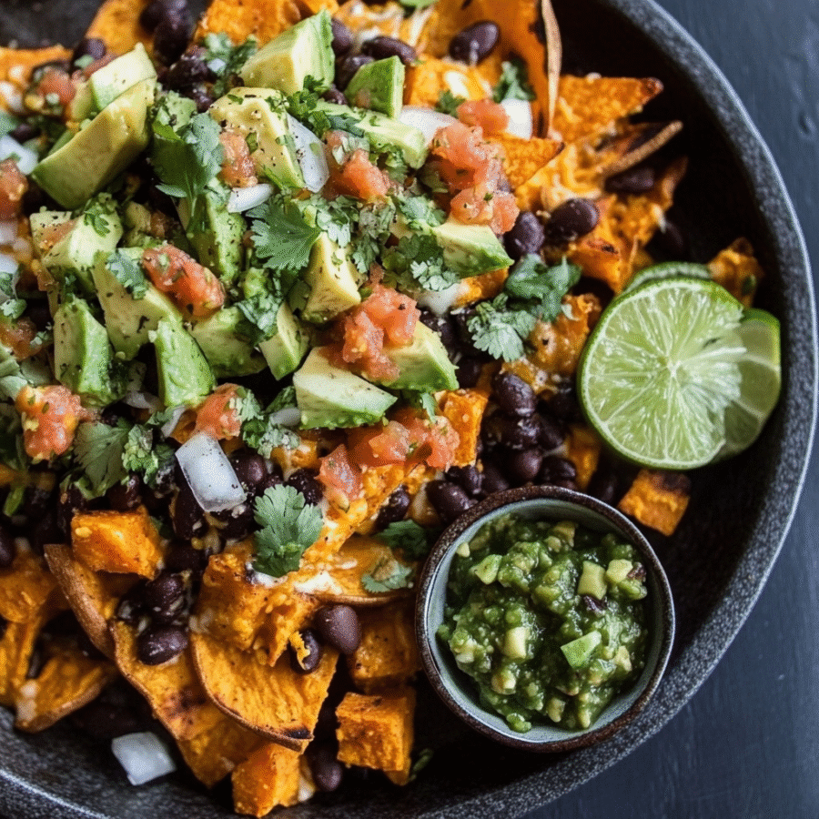 Sweet Potato and Black Bean Nachos with Green Chile Salsa