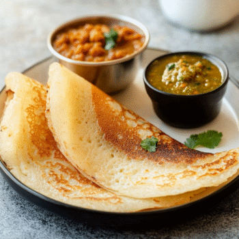 Indian Fermented Rice Crepes with Lentil Stew and Chutney