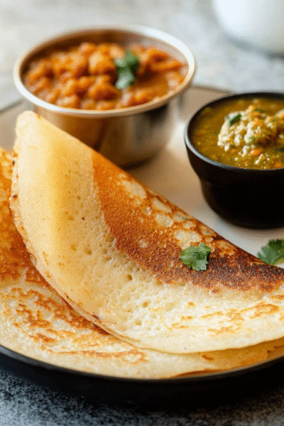 Indian Fermented Rice Crepes with Lentil Stew and Chutney