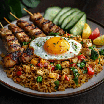 Indonesian Fried Rice with Grilled Skewers