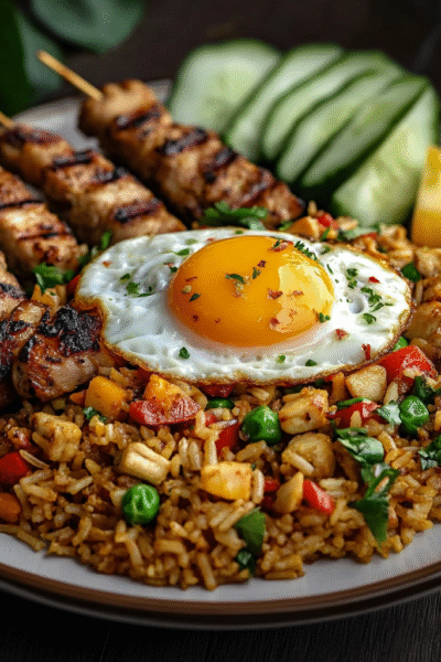 Indonesian Fried Rice with Grilled Skewers