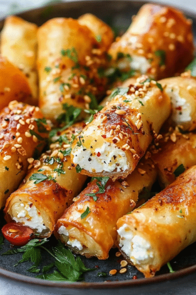 Oven Fried Feta Rolls with Chili Honey