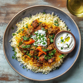 Pakistani Spiced Rice with Meat and Yogurt Sauce