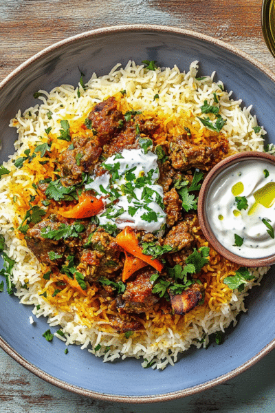 Pakistani Spiced Rice with Meat and Yogurt Sauce