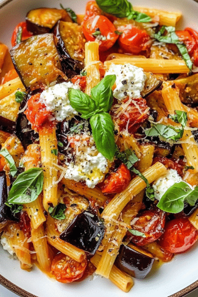 Sicilian pasta with eggplant, tomatoes and ricotta