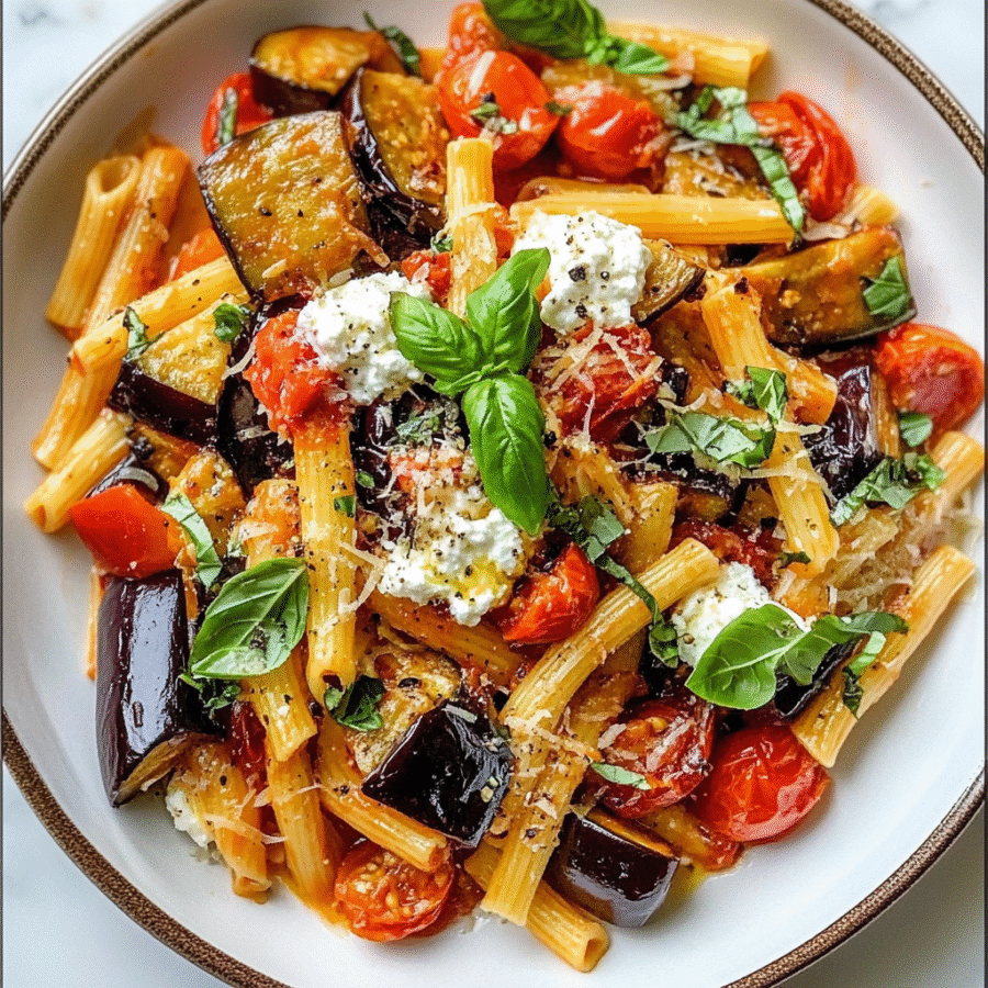 Sicilian pasta with eggplant, tomatoes and ricotta
