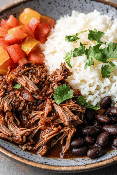 Venezuelan Shredded Beef with Rice and Beans