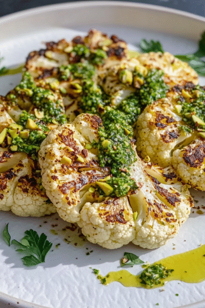 Charred Lemon Cauliflower Steaks with Pistachio Dust