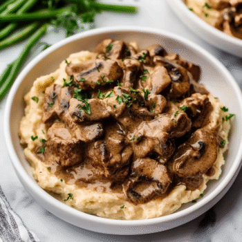 Keto Beef Stroganoff over Cauliflower Mash