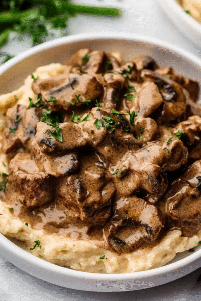 Keto Beef Stroganoff over Cauliflower Mash