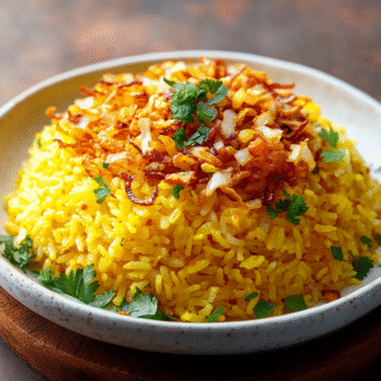 Saffron Coconut Rice with Crispy Shallots
