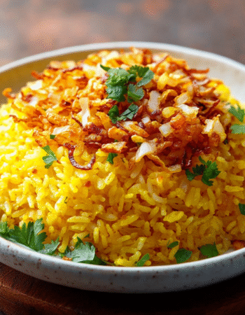 Saffron Coconut Rice with Crispy Shallots