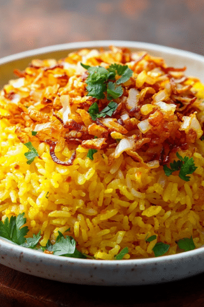 Saffron Coconut Rice with Crispy Shallots