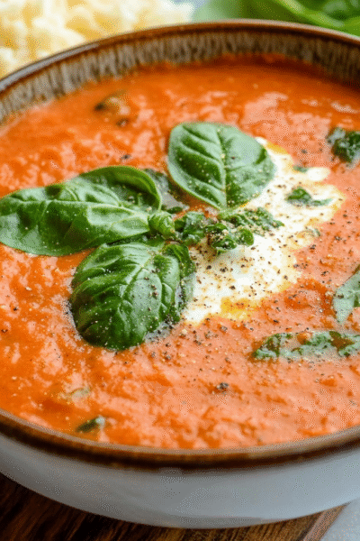 Creamy Tomato Basil Spinach Soup with Cauli Rice