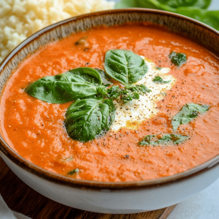 Creamy Tomato Basil Spinach Soup with Cauli Rice