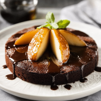 Decadent Flourless Olive Oil Chocolate Cake with Spiced Pears