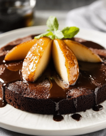 Decadent Flourless Olive Oil Chocolate Cake with Spiced Pears
