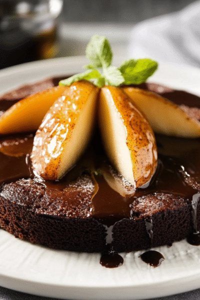 Decadent Flourless Olive Oil Chocolate Cake with Spiced Pears