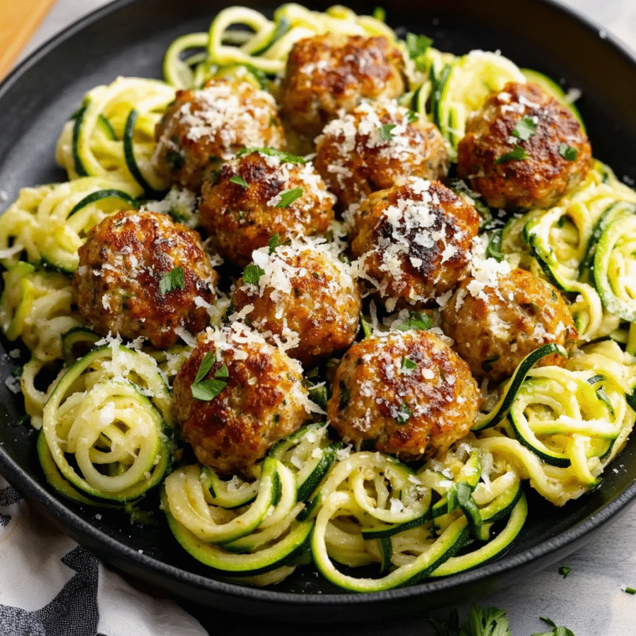 Garlic Butter Meatballs over Zucchini Noodles