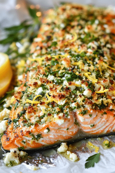 Herb-Crusted Feta Salmon with Lemon Zest